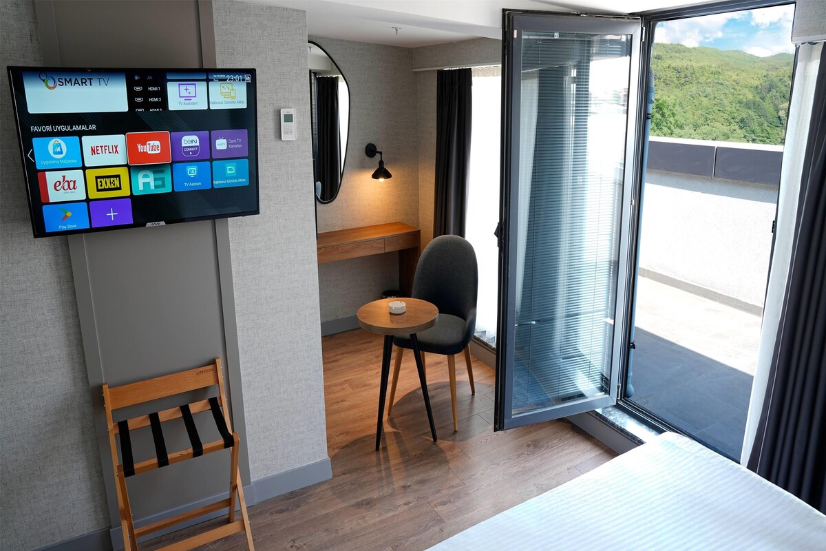 Una habitación de hotel moderna con una televisión de pantalla plana mostrando varios servicios de streaming, una mesita con una silla, una silla de madera y un ventanal con vistas a un paisaje verde.
