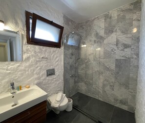 A bathroom with a white sink, a mirror, a shower with a glass door, and a toilet. - Lion Hotel Alacatı (Çeşme)