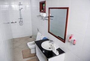 A modern bathroom with a shower, toilet, sink, and mirror. - Shose Farmhouse & Chalets (Moshi)
