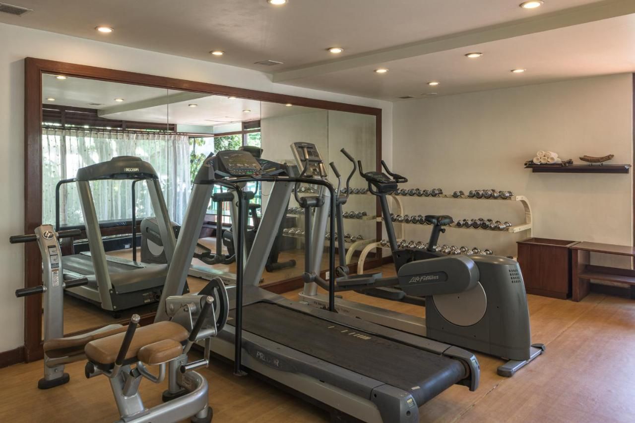 A gym with treadmills, ellipticals, and free weights.