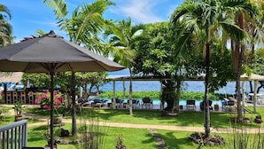 A tropical resort with a pool, lounge chairs, and palm trees.