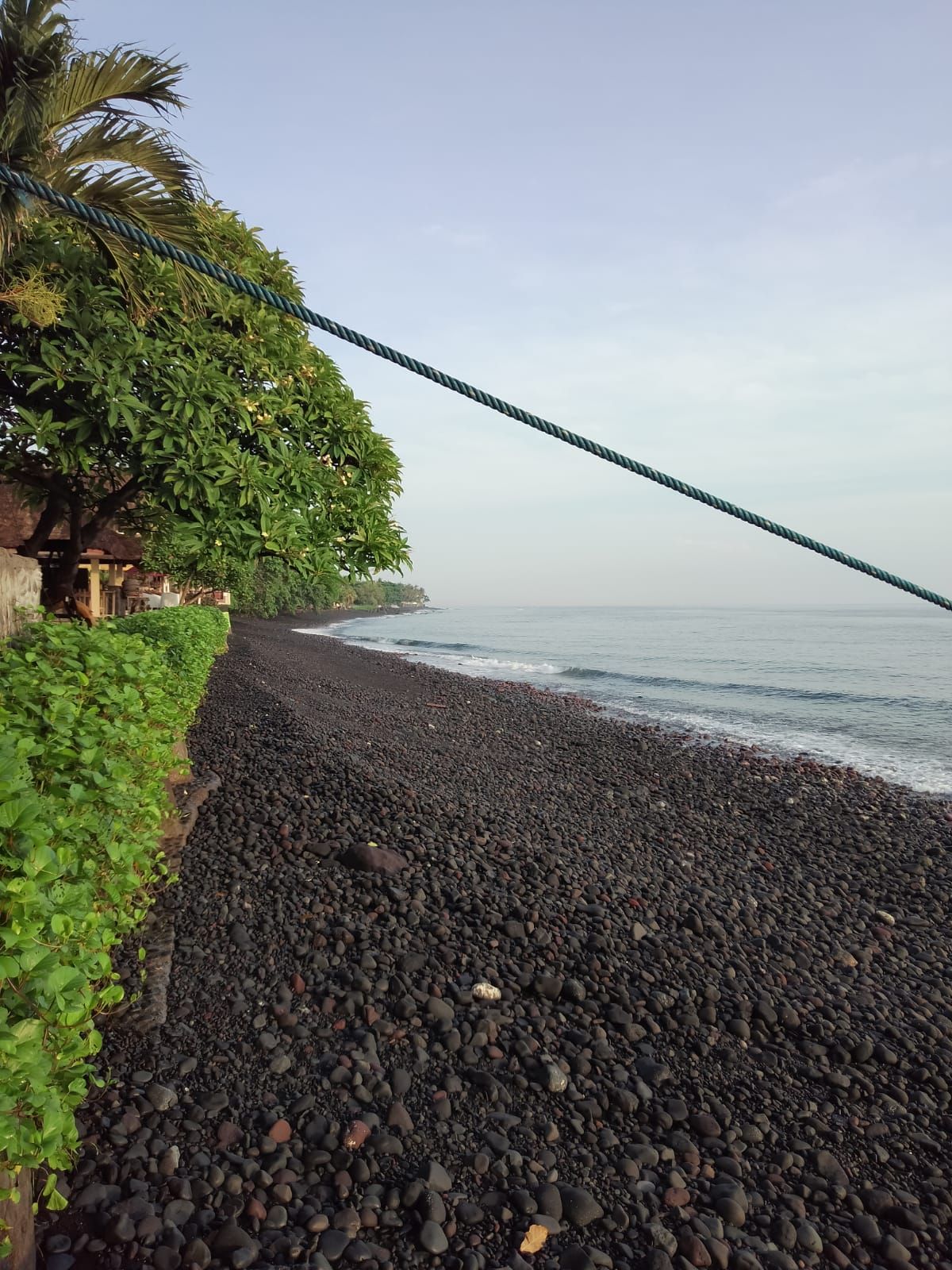 Una playa con piedras negras, una cuerda y follaje verde.