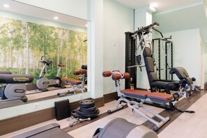 A gym with exercise equipment, a mirror, and a wall with a nature-themed mural. - Aluasun Helios Beach (Nessebar)
