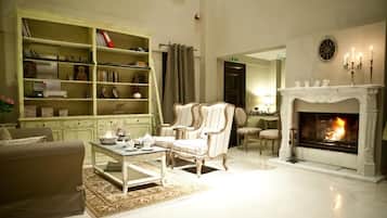 A living room with a fireplace, a bookshelf, and a sofa.