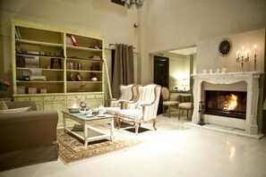 A living room with a fireplace, a bookshelf, and a sofa.