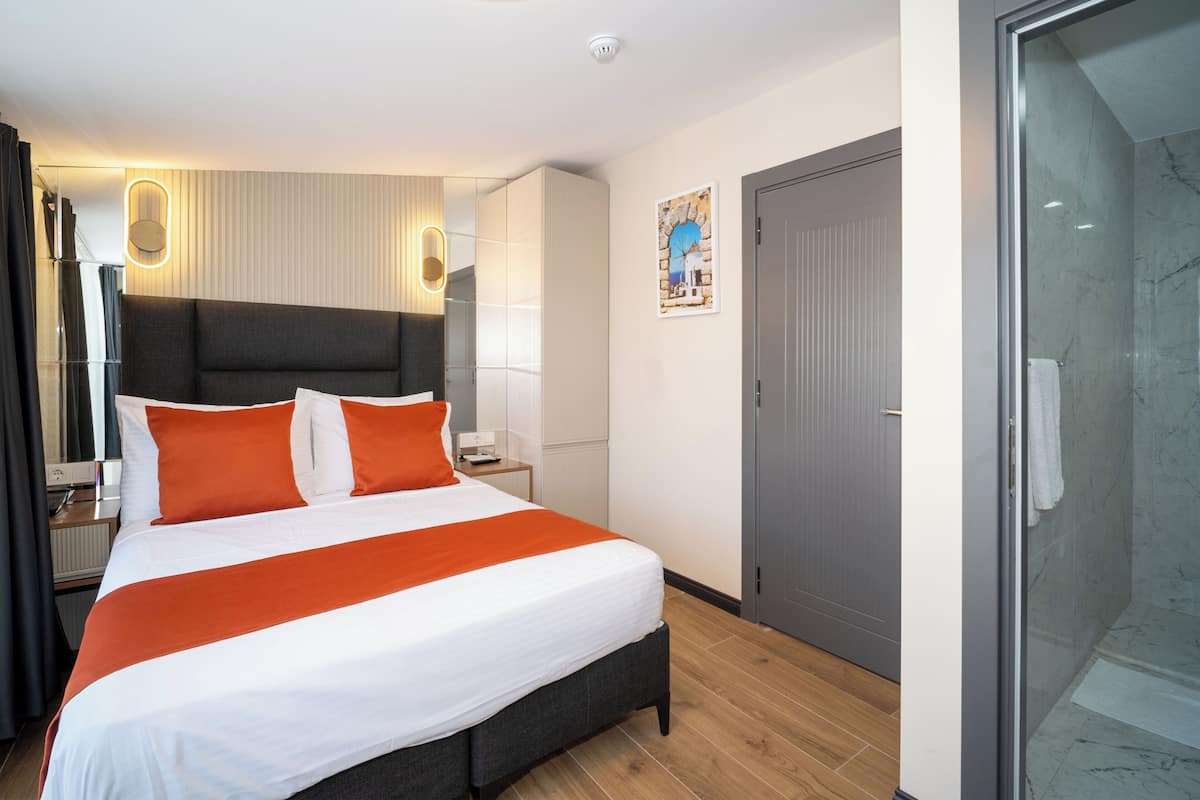A hotel room with a large bed, bedside tables, a wardrobe, a shower area, and a wall-mounted light fixture.