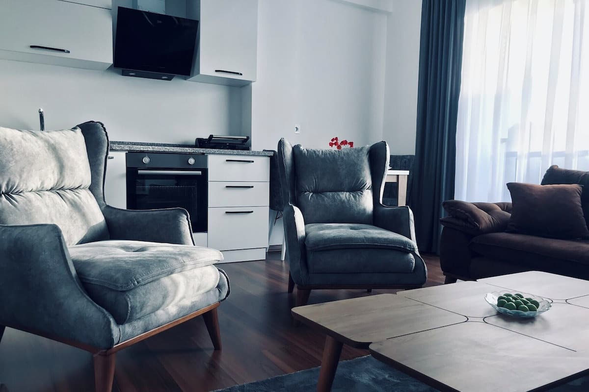 Moderni olohuone, jossa on sohva, kaksi nojatuolia, sohvapöytä sekä keittiöalue, jossa on televisio ja uuni.