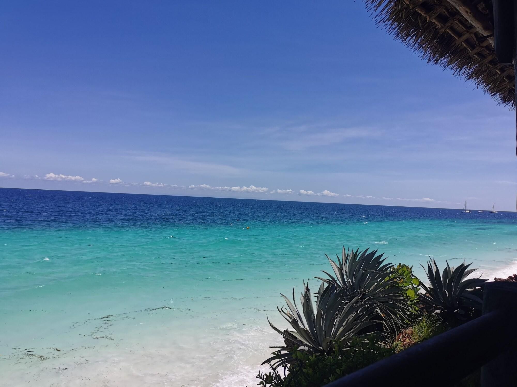 A beach view with clear turquoise water, a thatched roof structure, and some greenery.
