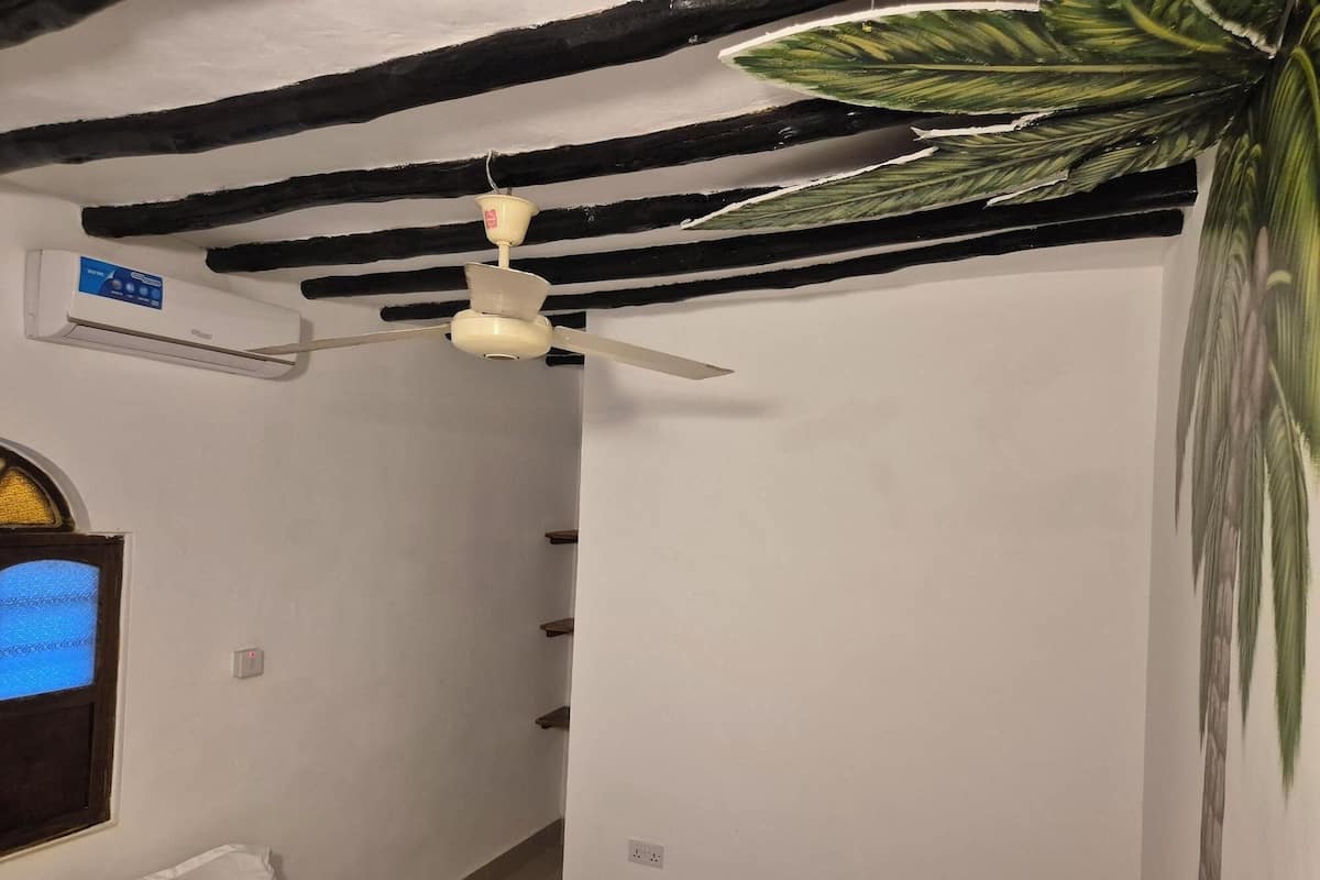 Een kamer met een plafondventilator, een wandairconditioner, een raam met uitzicht en een grote plant.