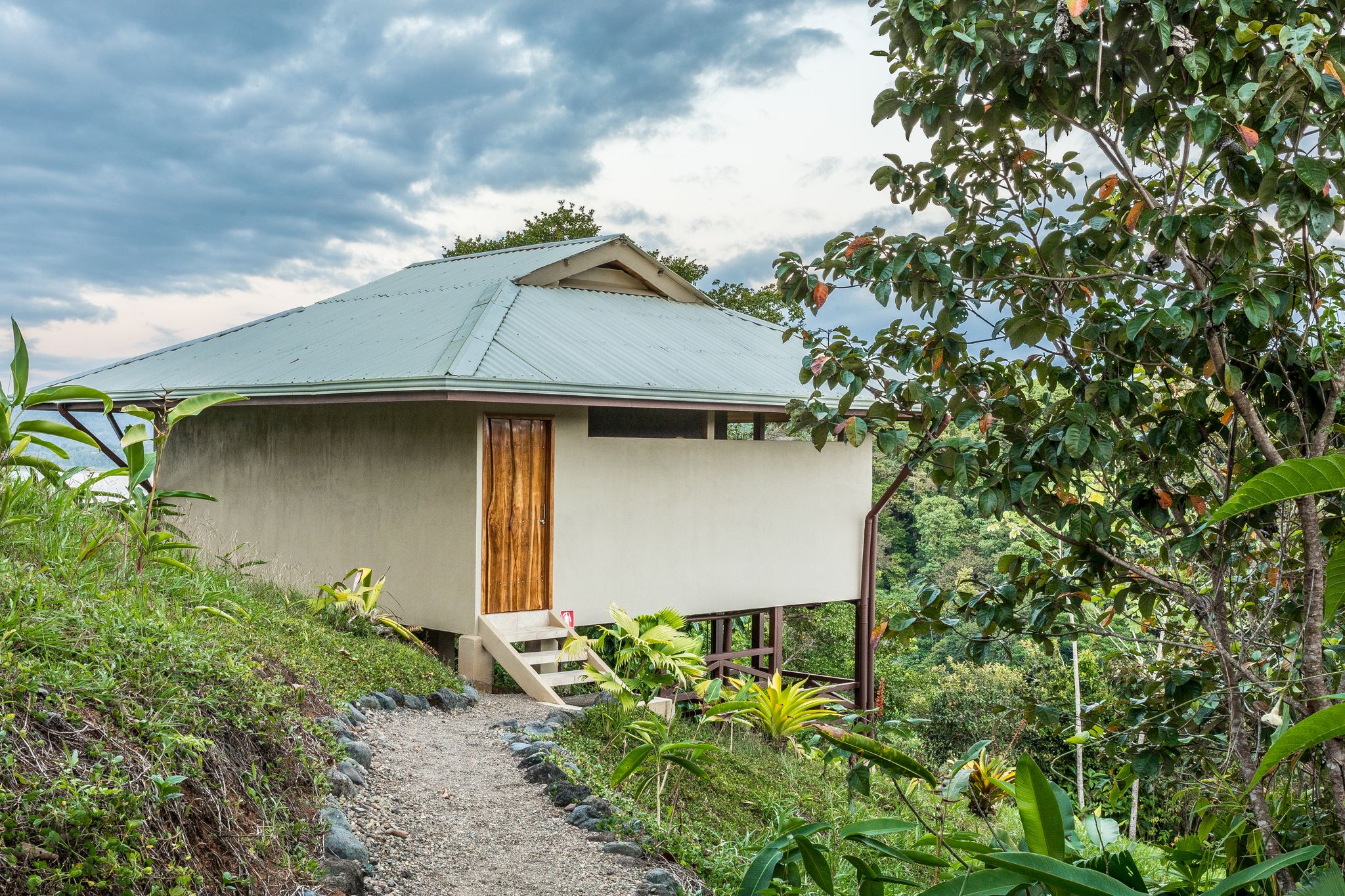 A single-story building with a sloped roof, surrounded by dense vegetation and a gravel path leading to the entrance.