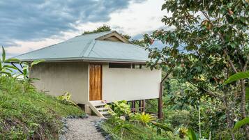 A single-story building with a sloped roof, surrounded by dense vegetation and a gravel path leading to the entrance.