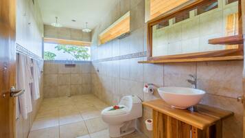 A bathroom with a toilet, sink, and shower area.