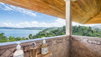 A balcony with a view of a lake and forest, wooden ceiling, and two bottles of liquid.