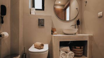 A bathroom with a toilet, sink, mirror, and towel storage.