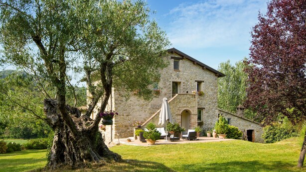 A stone building with a staircase leading to the entrance, surrounded by greenery and trees. - Awesome home in Collazzone (Collazzone)