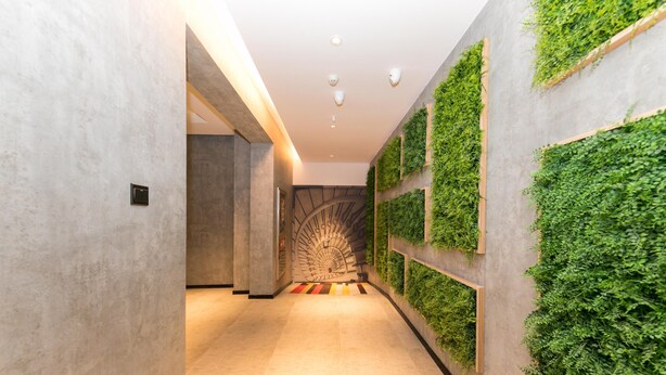 Un couloir au design moderne, agrémenté d’un escalier en colimaçon et de murs végétalisés.