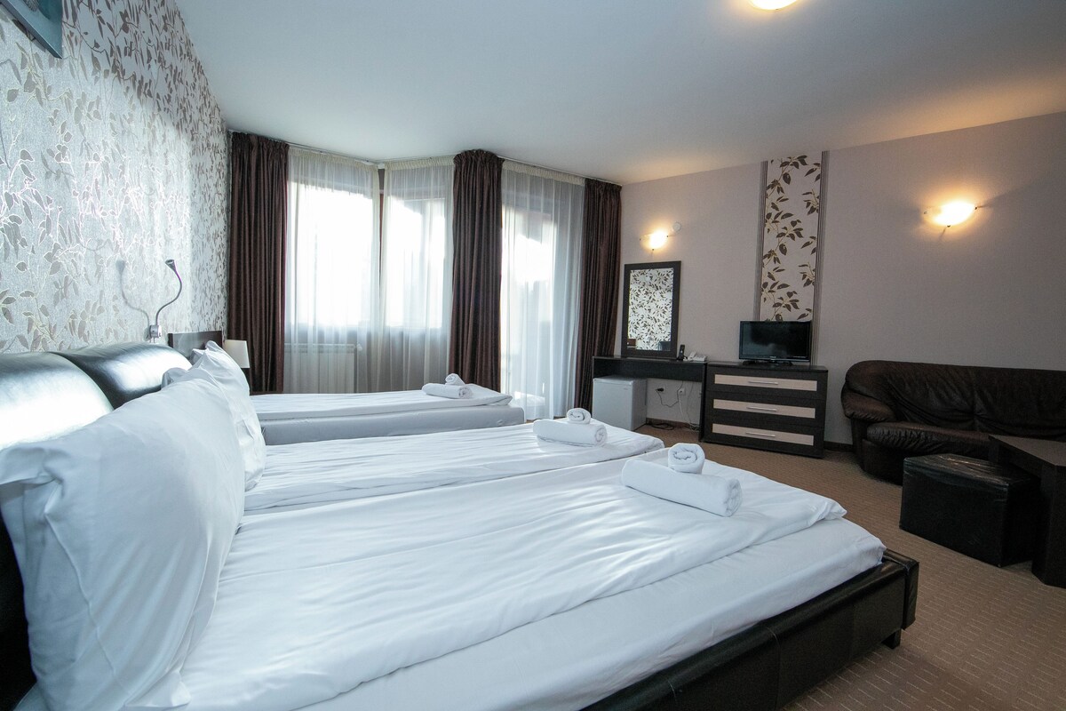 A hotel room with two single beds, a desk, a television, a sofa, and a small cabinet.