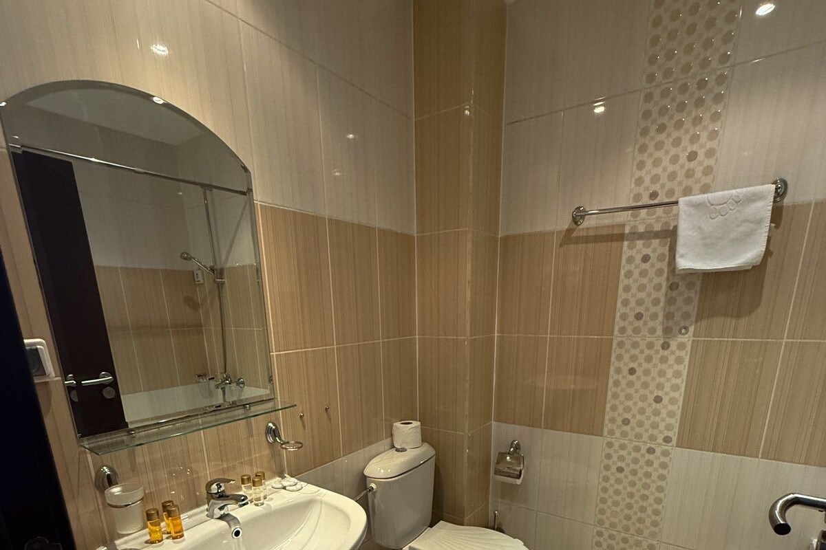 A modern bathroom with a glass shower enclosure, a white sink, a toilet, and a towel rack.