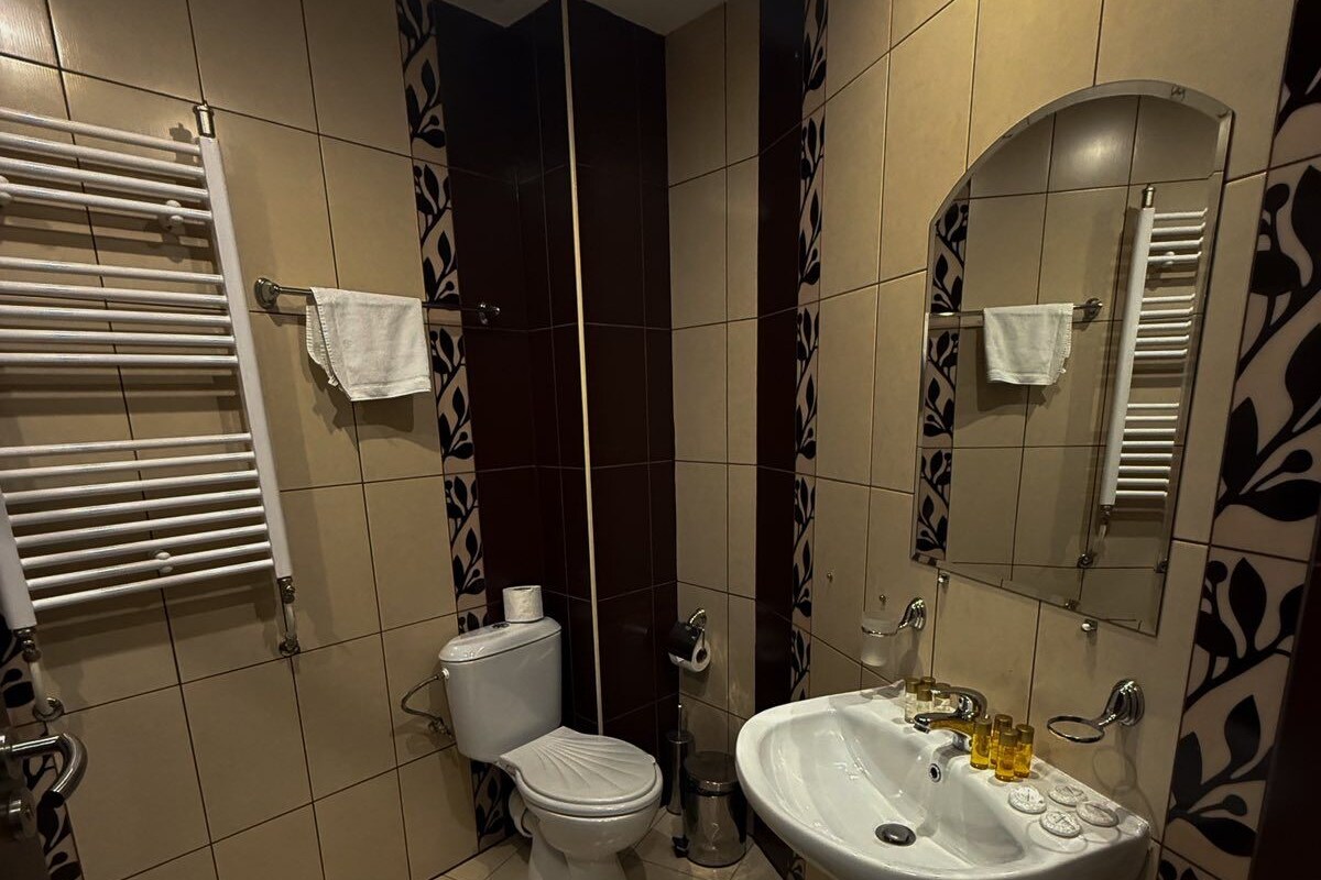 A bathroom with a toilet, sink, towel racks, and a window with blinds.
