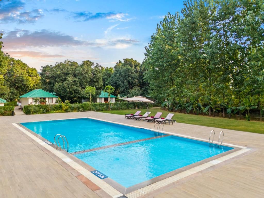 Une piscine rectangulaire, bordée d’une terrasse carrelée, entourée de chaises longues et de parasols, avec des arbres en arrière-plan.
