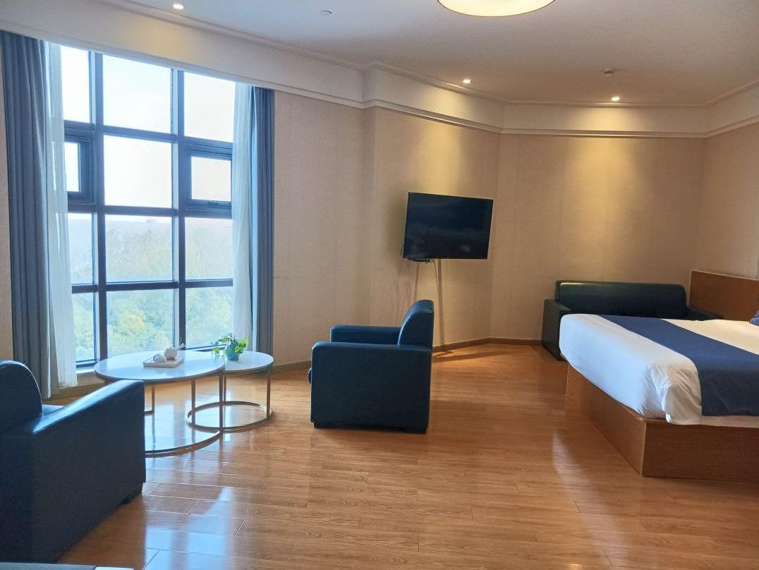 Une chambre d’hôtel avec un lit, une télévision, une petite table et une chaise.