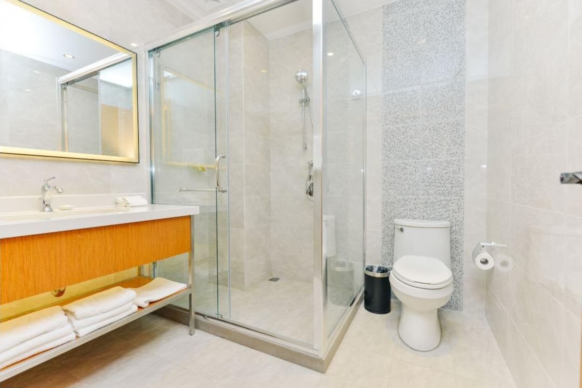A modern bathroom with a glass shower enclosure, a white toilet, and a vanity with a mirror.