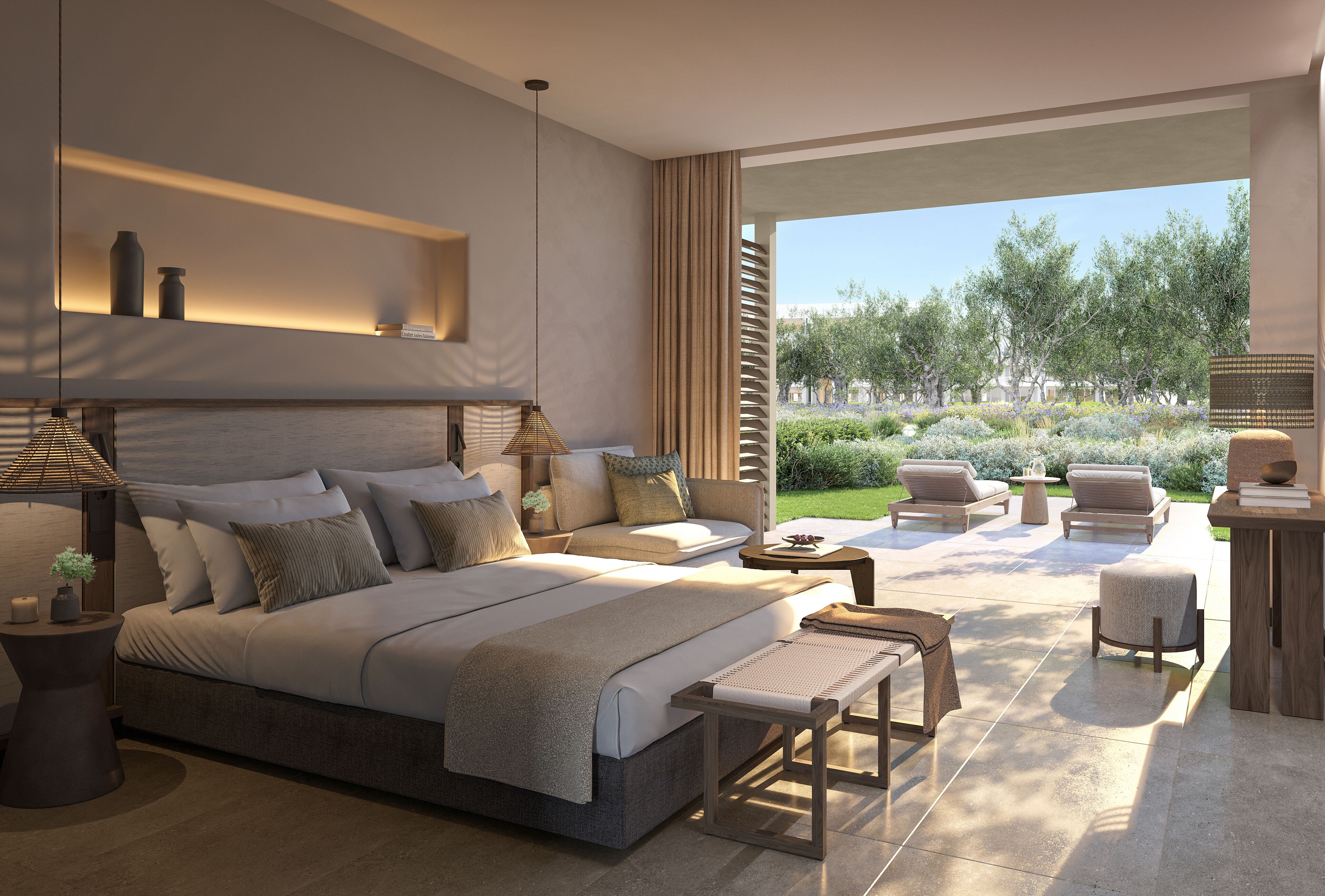 A modern bedroom with a large bed, bedside tables, a sofa, and a view of a garden.
