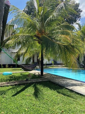 A pool area with a palm tree, a hammock, and a clear blue pool. - The Calm Of8 Arugambay (Arugam Bay)