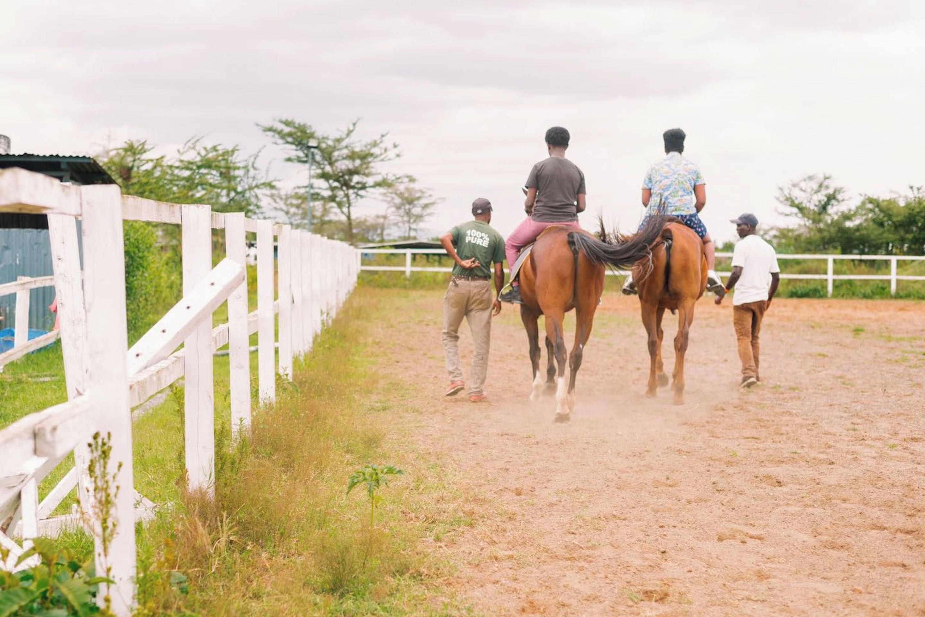 A horse riding activity with participants and horses in an outdoor area with a white fence.