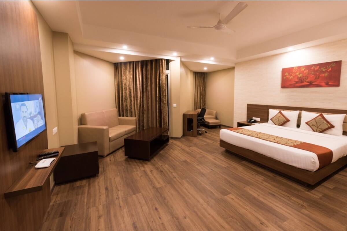 A hotel room with a bed, a desk, a sofa, a TV, and a ceiling fan.