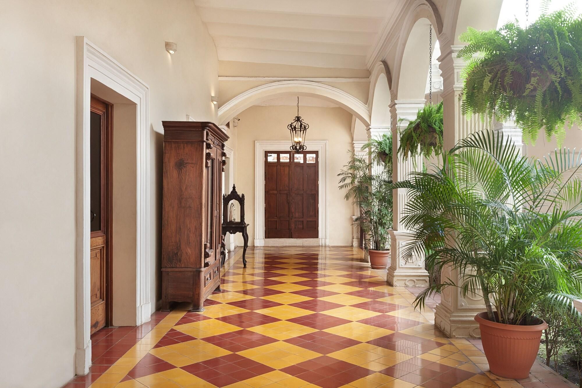 A hallway with a checkered floor, a wooden door, and potted plants.