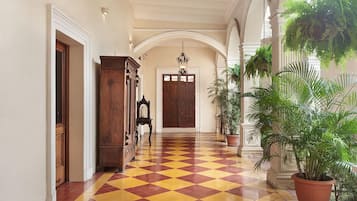A hallway with a checkered floor, a wooden door, and potted plants.