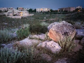 A rocky terrain with sparse vegetation and a distant view of residential buildings. - Areti Apart Hotel (Chania)