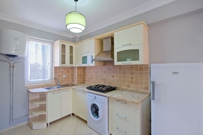 A compact kitchen with a washing machine, a built-in oven, and a sink. - Goldlion Hotel (Fethiye)