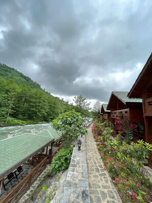 A riverside walkway with wooden buildings, stone steps, and lush greenery. - Teona Bungalov (Findikli)