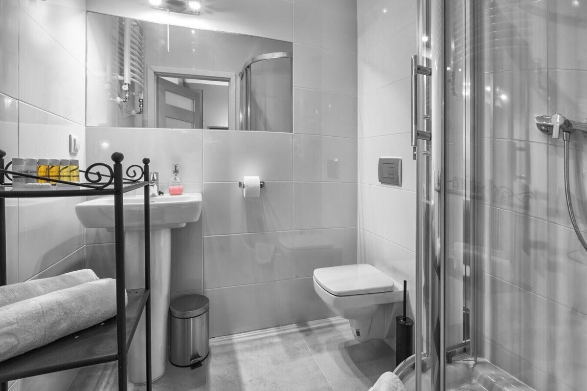 Ein modernes Badezimmer mit einer Duschkabine aus Glas, einem weißen Waschbecken und einer Toilette.