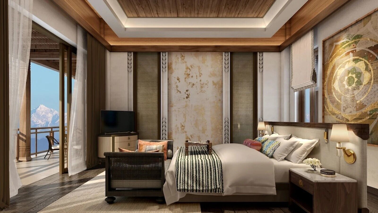 A modern hotel room with a large bed, a TV, a desk, and a view of a mountain.