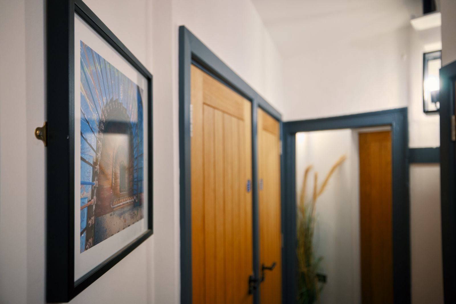 A hallway with framed artwork, wooden doors, and a plant.