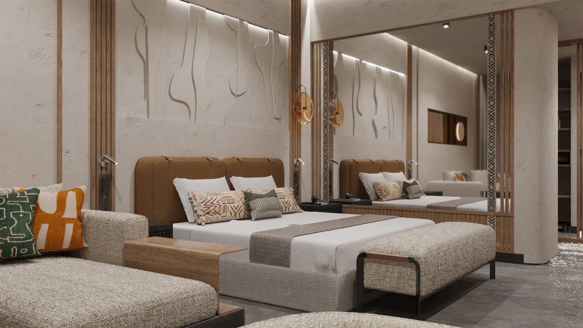 A modern bedroom with a large bed, a sofa, and a bench.