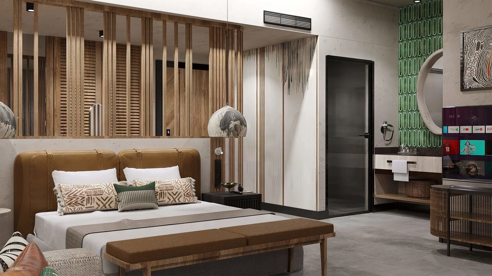 A modern bedroom with a bed, bedside tables, a bench, and a wardrobe.