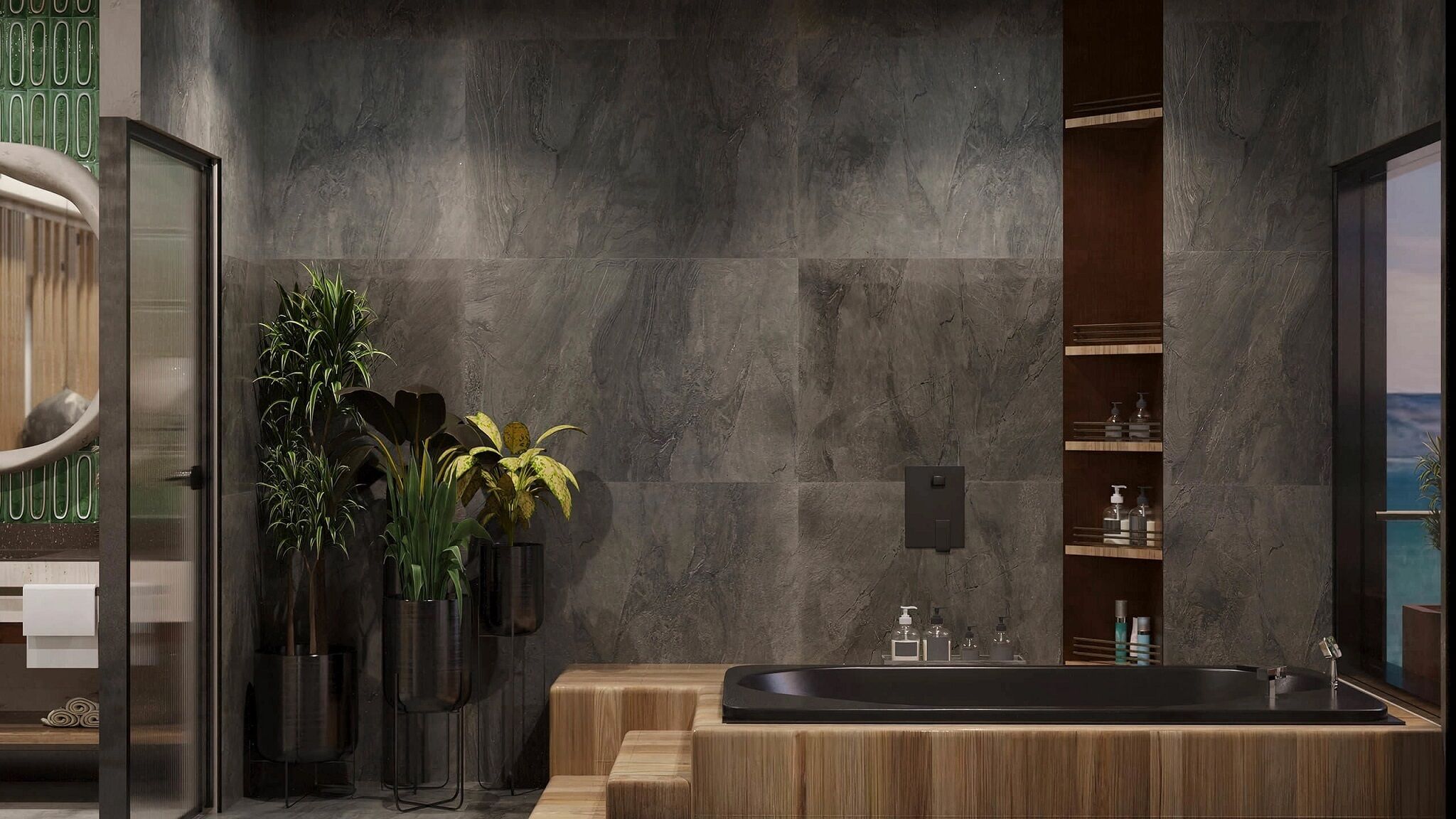 A modern bathroom with a freestanding bathtub, a wooden vanity, and a large mirror.