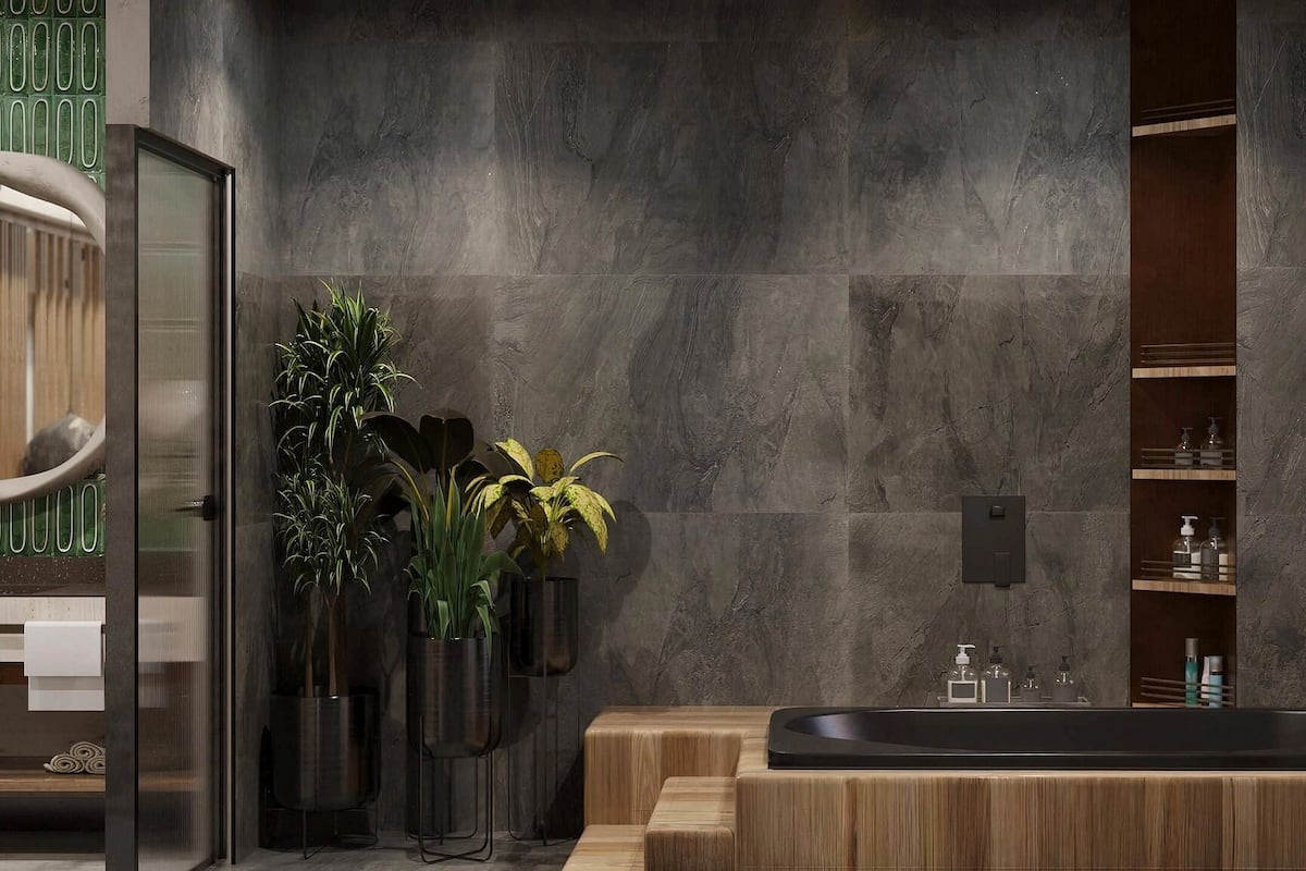 A modern bathroom with a freestanding bathtub, a wooden vanity, and a large mirror.