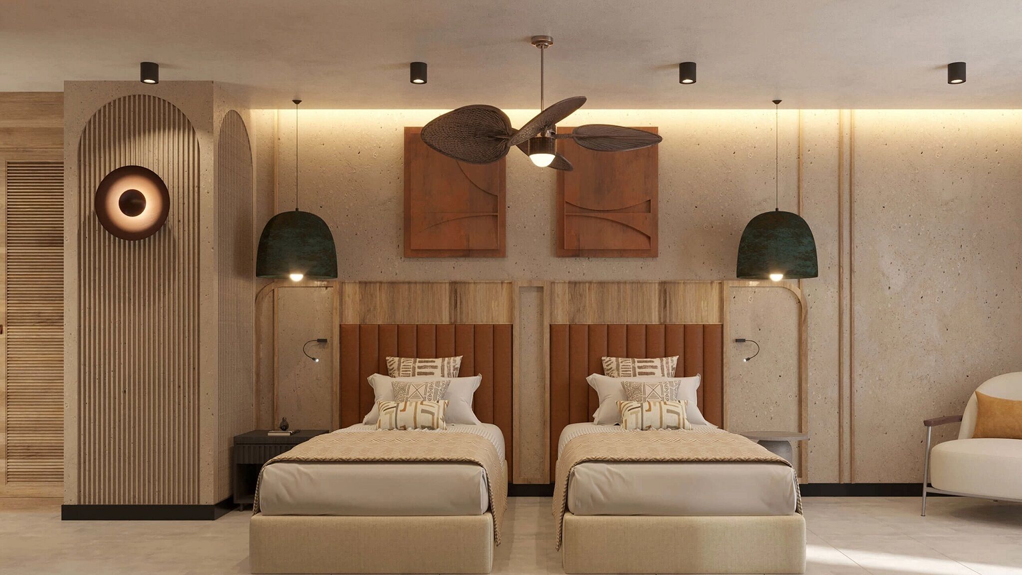 A modern bedroom with two beds, a ceiling fan, and a unique circular light fixture.