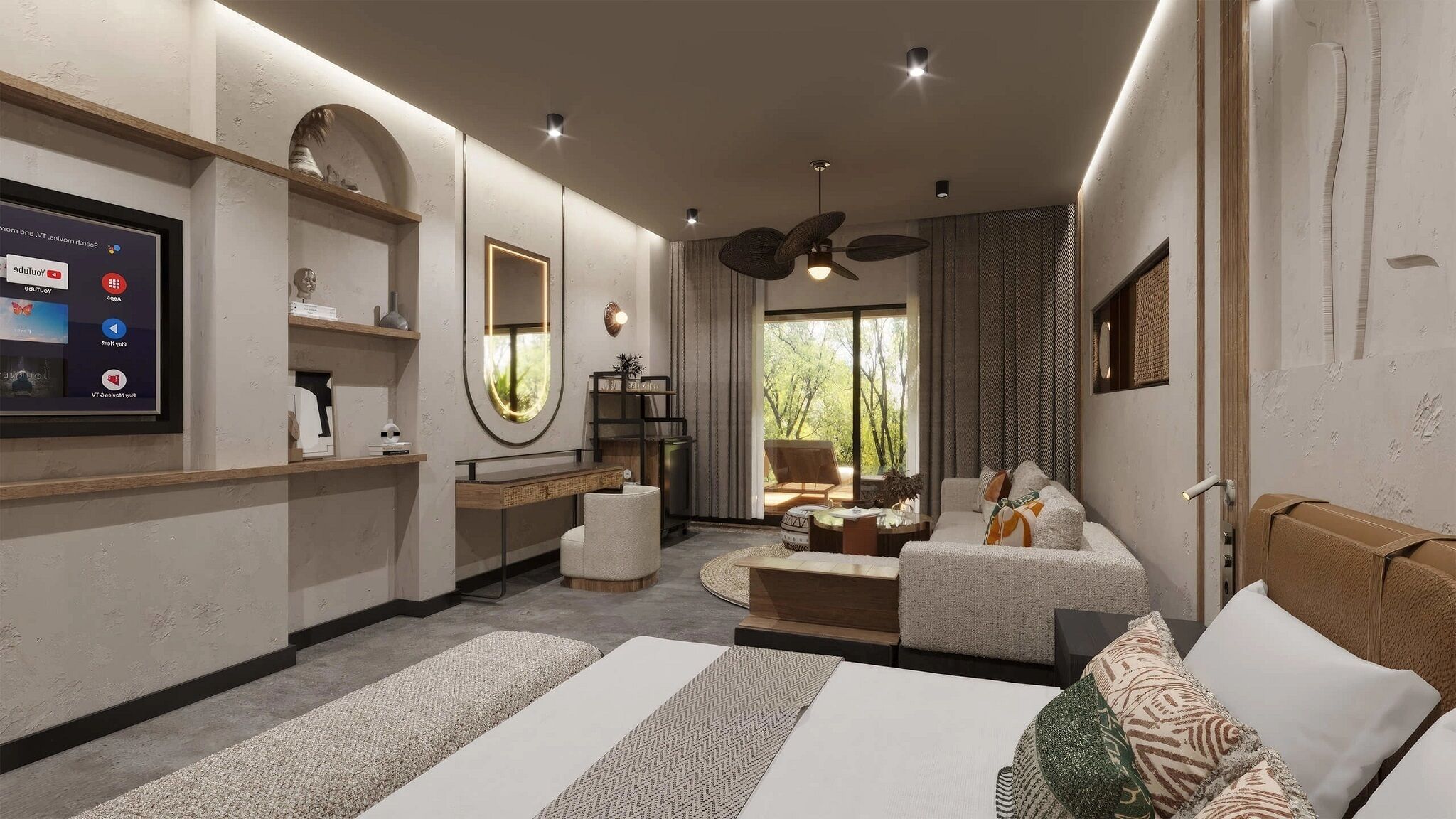 A modern bedroom with a large bed, a seating area, a TV, and a view of the outdoors.