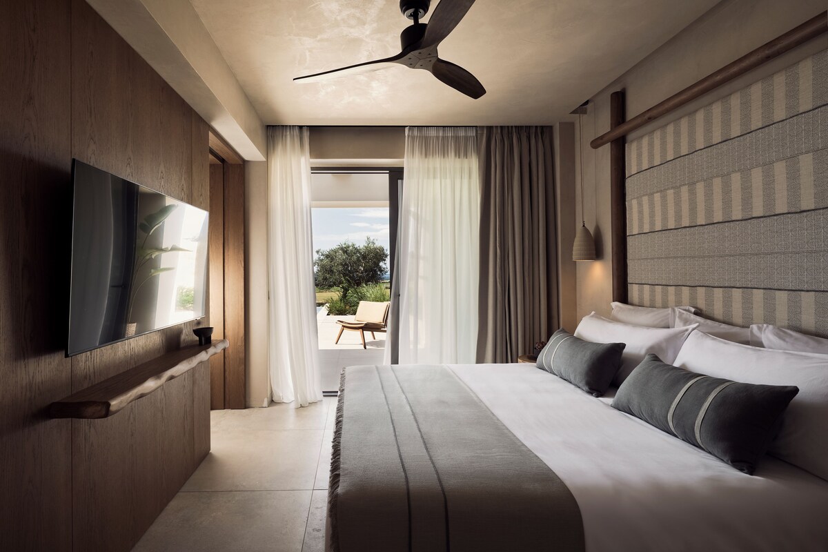 A modern hotel room with a large bed, a flat-screen TV, a ceiling fan, and a view of the outdoors.