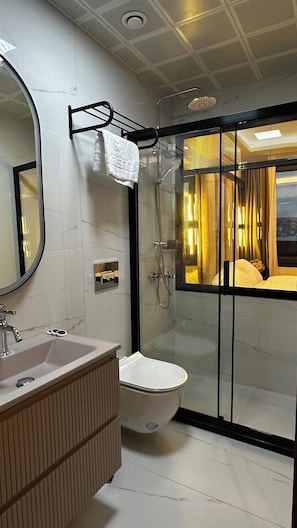 A modern bathroom with a glass-enclosed shower, a vanity with a sink, a toilet, and a large mirror. - Lokka Hotel Ortakoy (Istanbul)