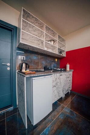 A compact kitchen with a marble countertop, a built-in oven, and a red accent wall. - Snail House (Adapazari)