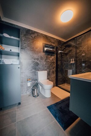 A modern bathroom with a toilet, shower, and sink. - Snail House (Adapazari)