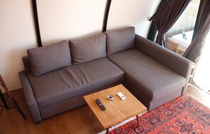 A modern living room with a grey sofa, a wooden coffee table, and a patterned rug.