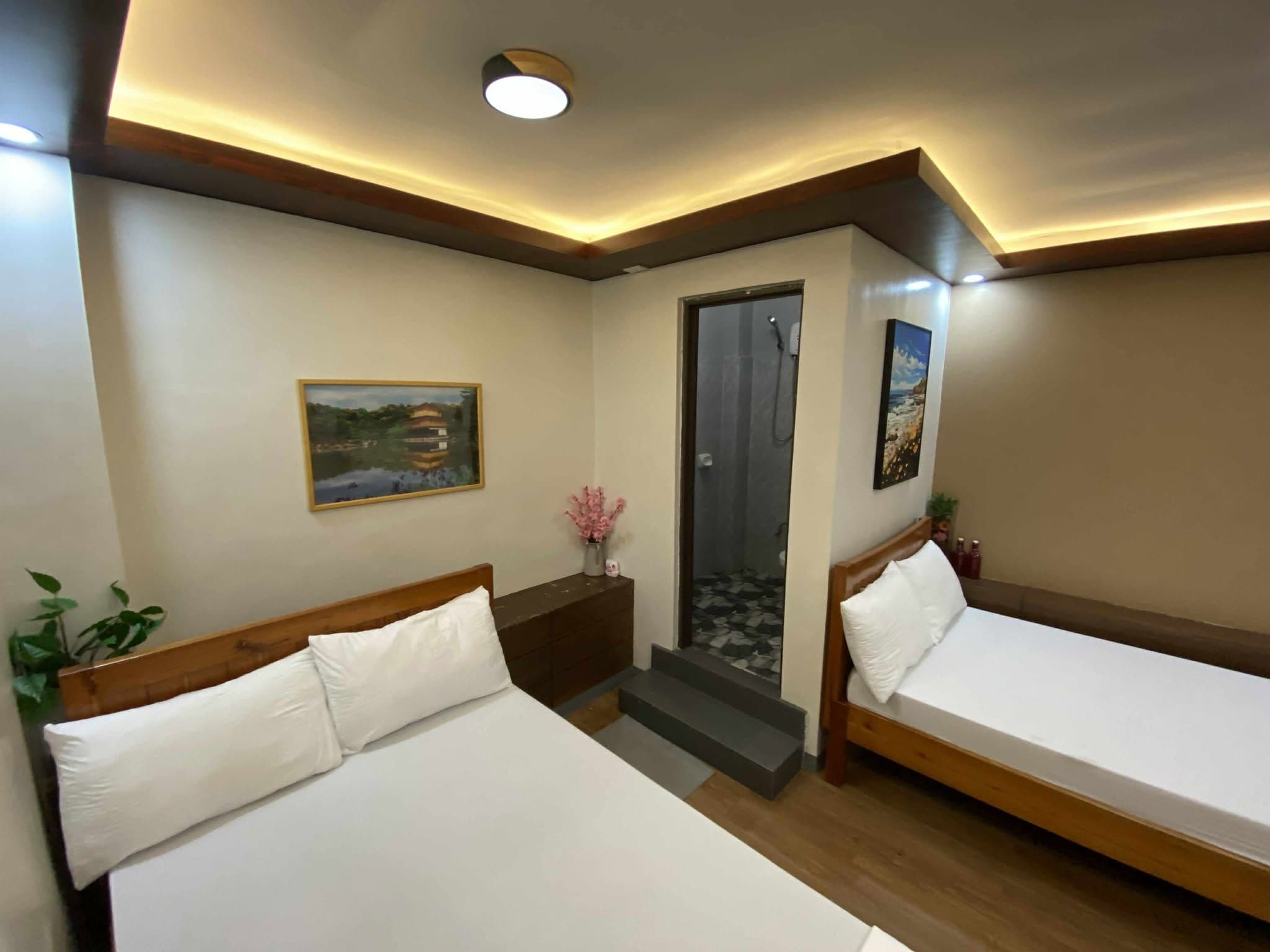 A hotel room with two beds, a shower, a painting on the wall, and a small plant.